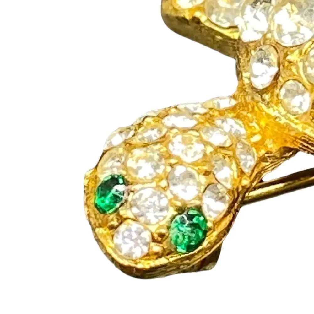 Gold tone rhinestone turtle tortoise pin brooch with green glass eyes gorgeous